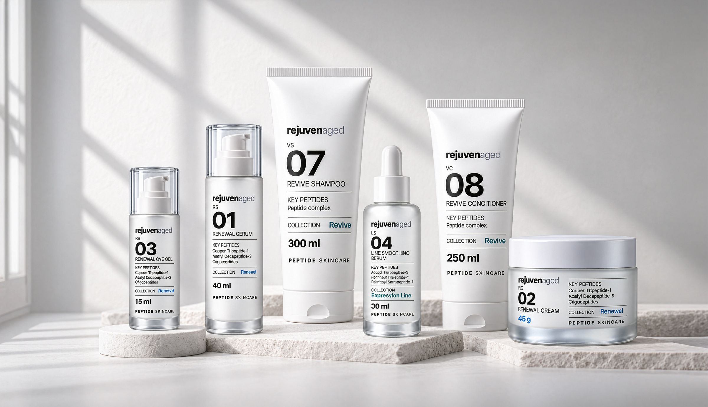 Rejuvenaged peptide skincare bottles, tubes and a cream jar on pale stone in soft window light